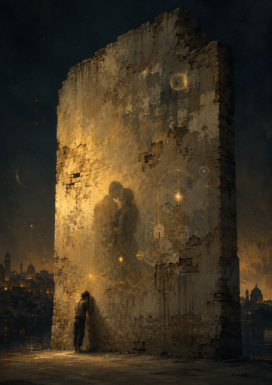 An old city wall covered with faded posters, chalk drawings, cracks, and traces of remembered lives.