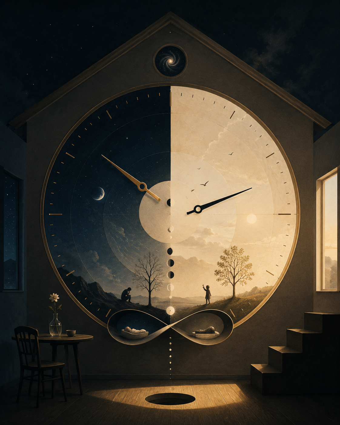 Dreamlike clock house split between night and day.